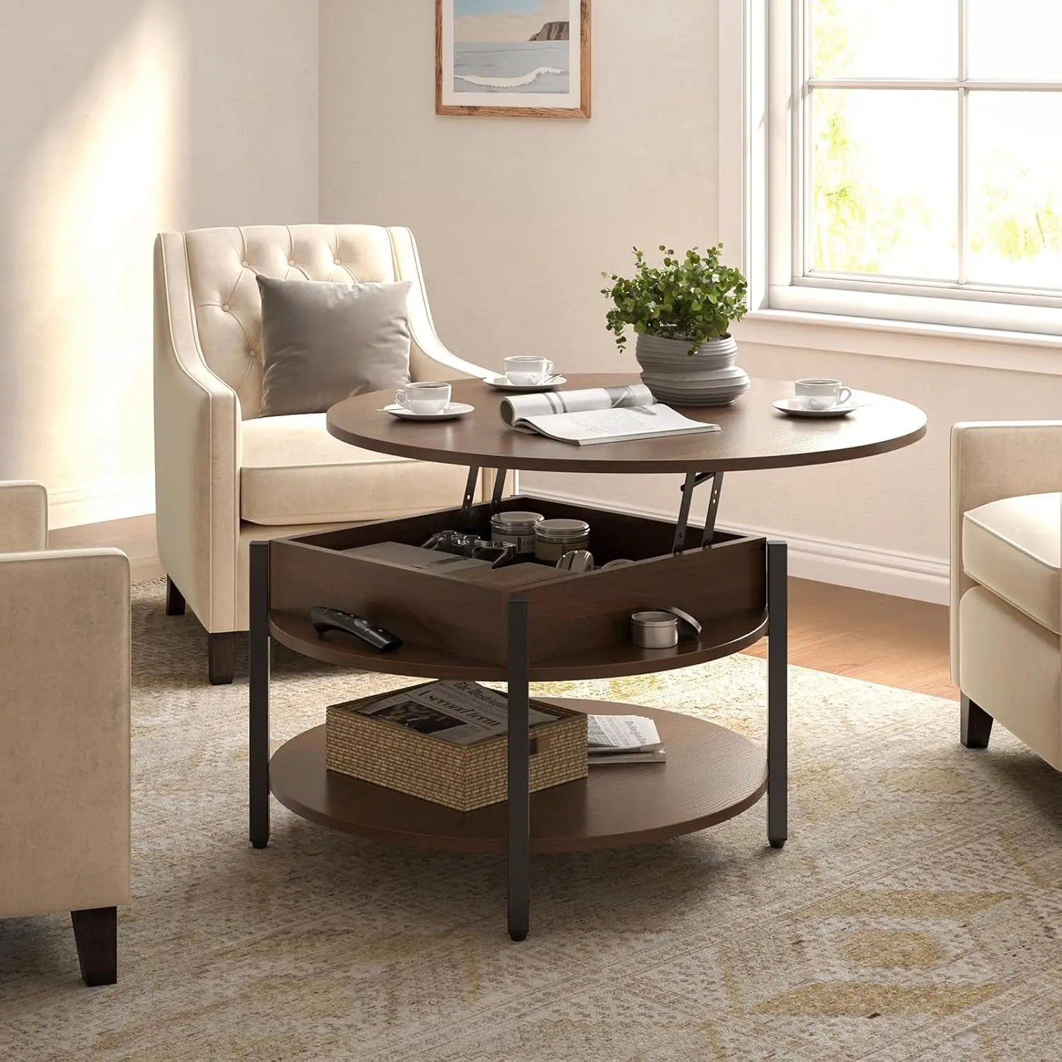 Table with Storage and Hidden Compartment, 2 Tier Large Farmhouse Coffee Table Round Dining Table, Espresso