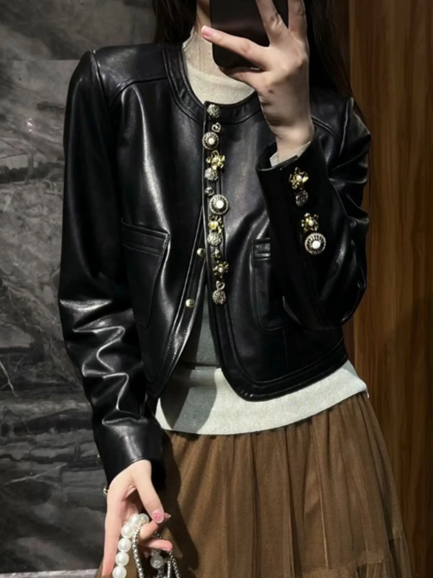 

Женская кожаная куртка Ele Bla с круглым вырезом, модная, универсальная, весна 2026, новинка, премиум-качество, топ-модель