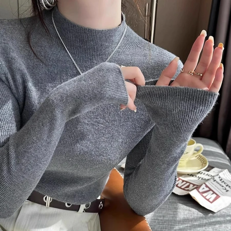 

Новинка 2025 года, свитер с высоким воротником, женские модные эластичные топы, женские вязаные пуловеры в корейском стиле, простой вязаный свитер с базовым слоем