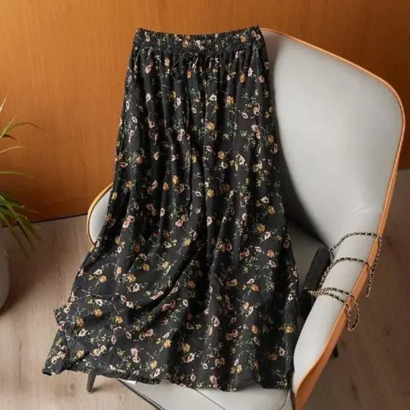 

Женская черная длинная юбка макси с цветочным принтом, на резинке, свободного кроя, повседневная