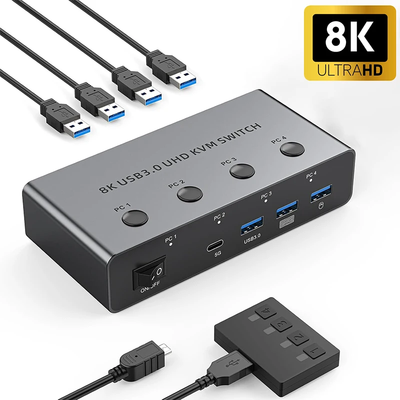 

8K при 60 Гц HDMI KVM-переключатель 4 компьютера 4K при 120 Гц HDMI 2.1 USB 3.0 KVM-переключатель 4 ПК Share 1 монитор Клавиатура Мышь Жесткие диски Принтер