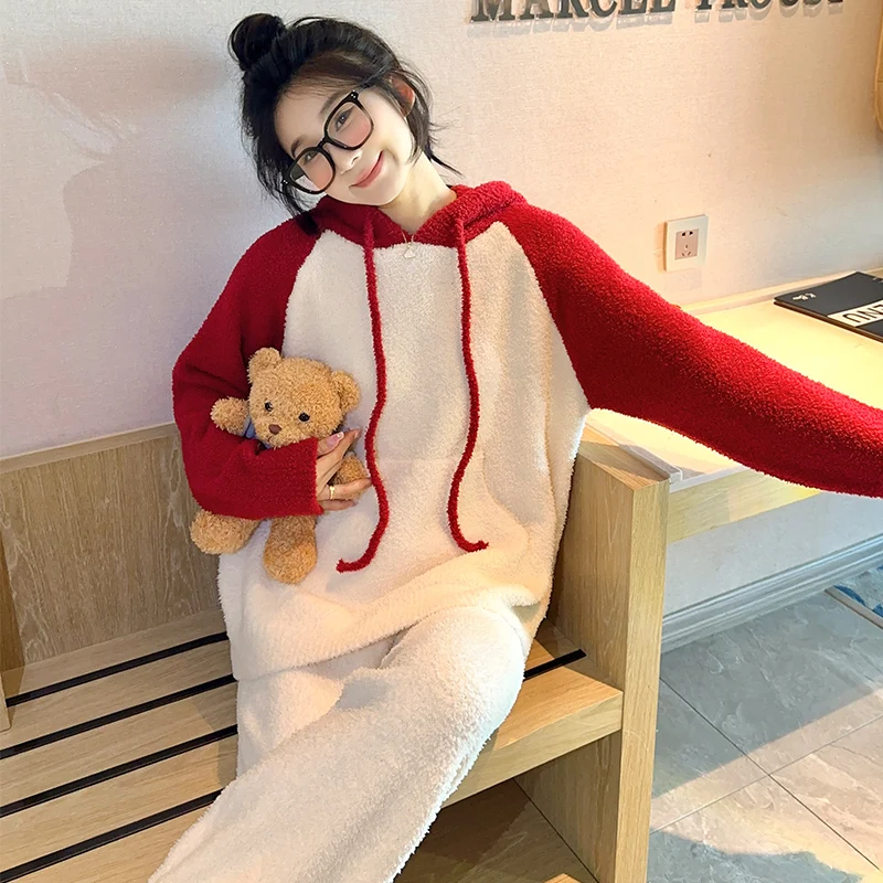 2023 New Coral Fleece Soft Woman Winter Pajamas Classics Hooded Warm Women's Pajamas Fashion Splice Women Pajamas Set Home Wear