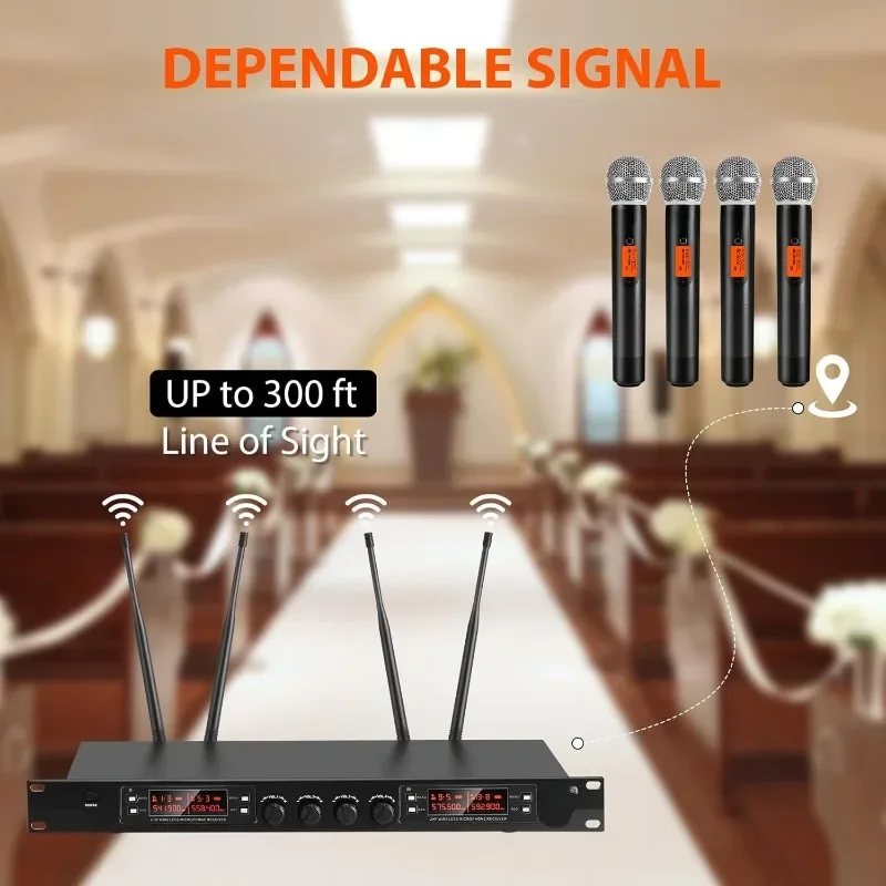 home.4 Channel Wireless Microphones System, Quad UHF Cordless Mic Set,4 * 40 Groups Metal Handheld Dynamic, Auto Scan