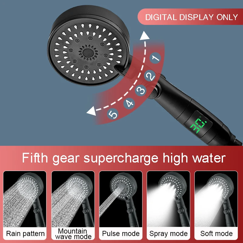 High Pressure Handheld Bathroom Shower Head Water Saving Showerhead Pressurized Adjustable Spray LED Digital Temperature Display