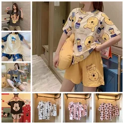 Summer Cotton Pajamas Sets Girl Women Short Sleeve T Shirts Shorts Lion King Simba Pooh Mickey Minnie Print Cute Anime Home Suit