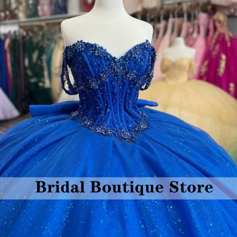 Royal Blue Princess Quinceanera Dresses With Bow Bead Crystals Beaded Luxury 16th Birthday Prom Corset Gown Ball Gown