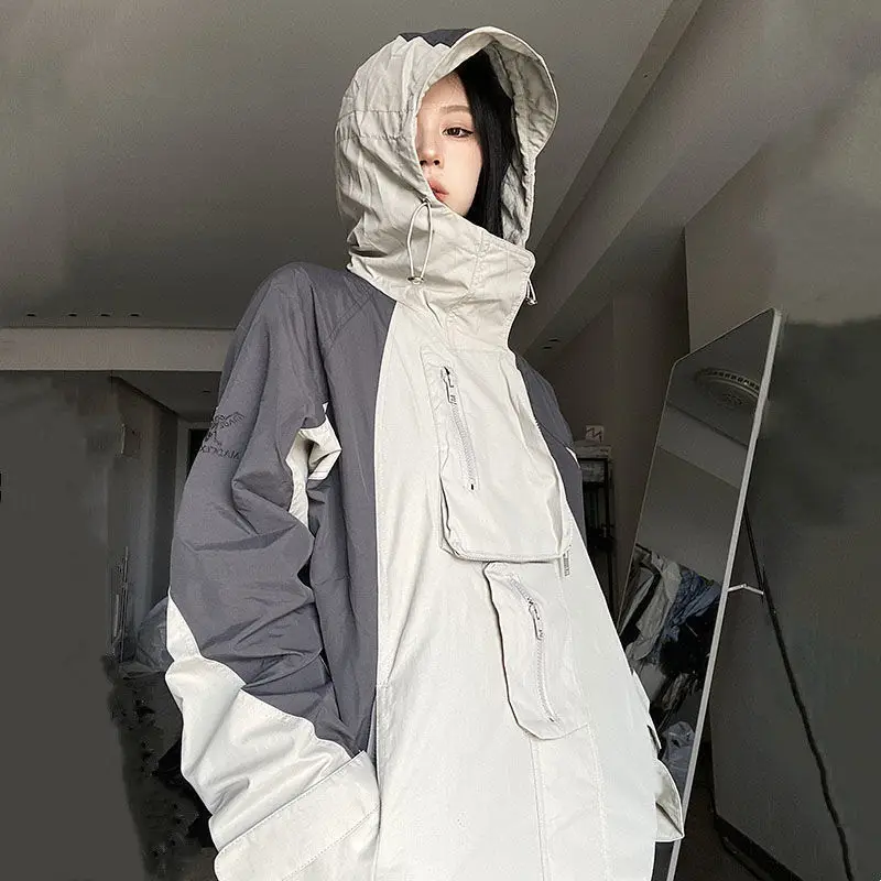 Vintage Outdoor Jackets Women Y2k Streetwear Waterproof Oversized Autumn Hooded Harajuku Drawstring Windbreaker Korean Coat