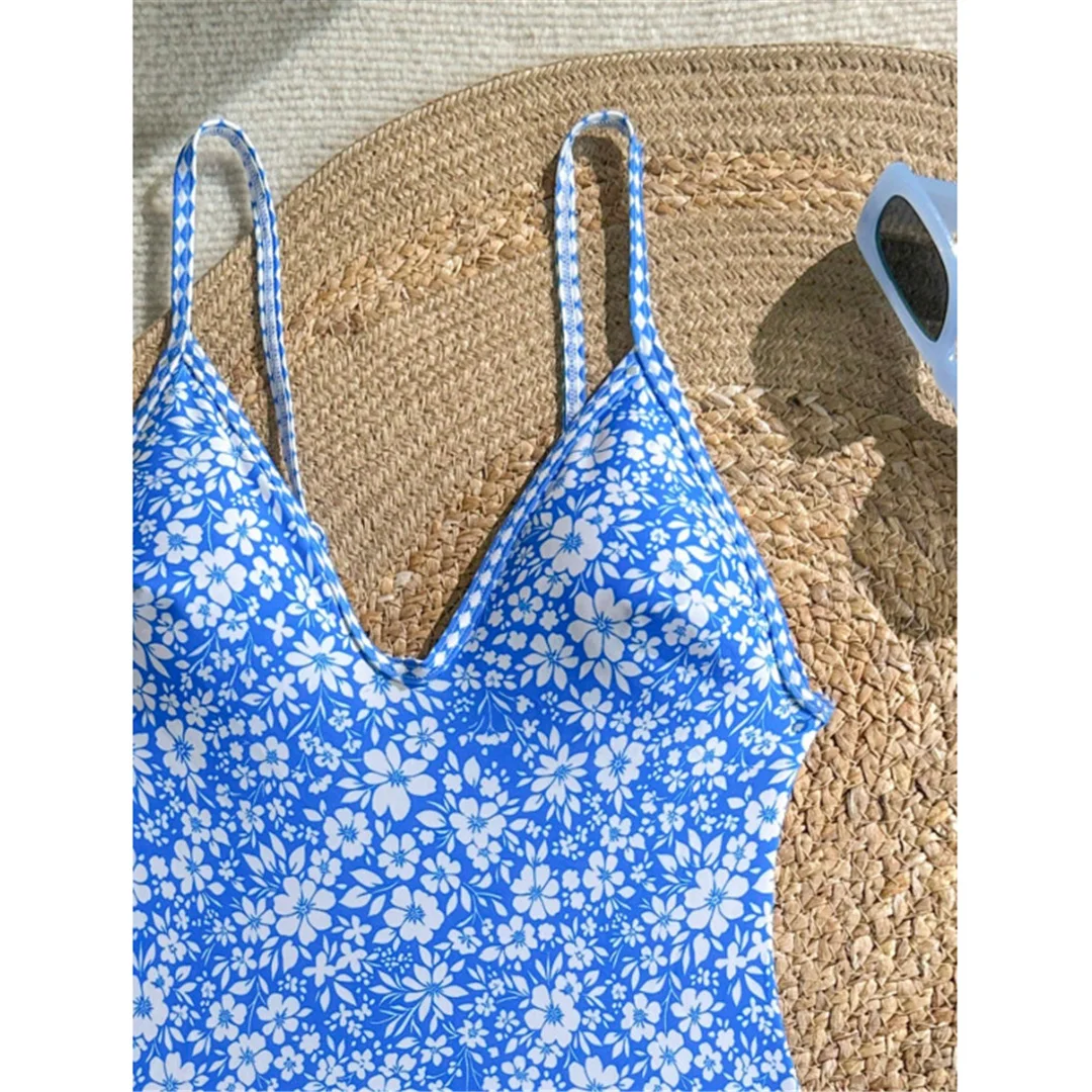 S - XL, Blumenmuster, V-Ausschnitt, einteiliger Badeanzug, Damen-Badebekleidung, Monokini, hoher Beinausschnitt, gepolsterter Badeanzug, Badeanzug, V8079. – Detail 7