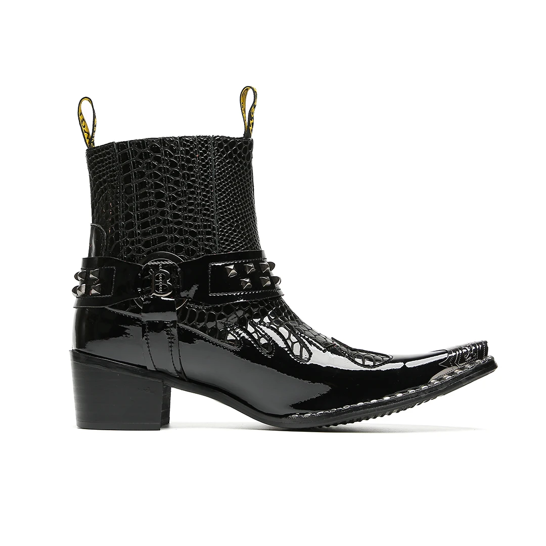 Schwarze Herren-Stiefeletten aus Schlangenleder mit Nietenbesatz, Blockabsatz, auffälliges Design, modische Schuhe für Bars, Bühnen, Streetwear und besondere Anlässe. – Detail 13
