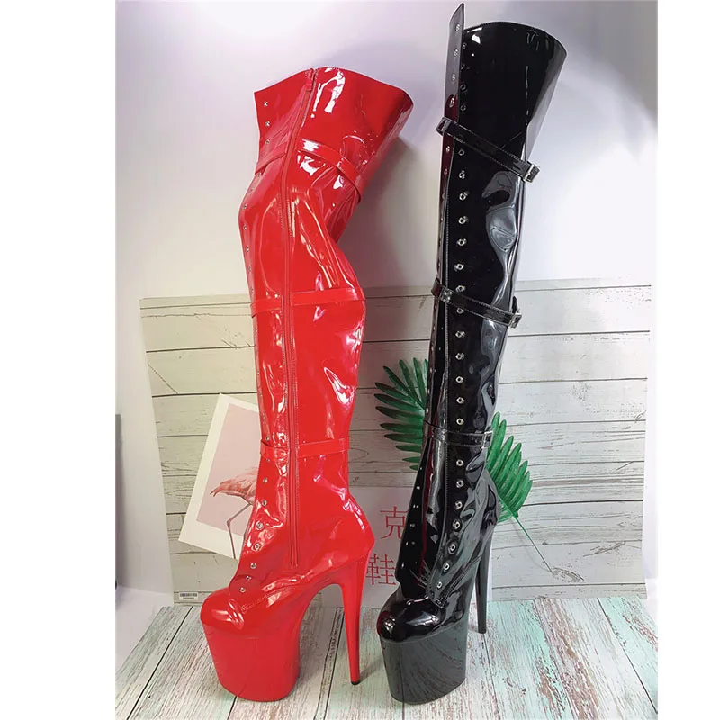 8Inch Sexy Fetish 20cm Gothic White Patent Leather Exotic Platform Women\'s Round Toe Over The Knee Boots Pole Dance High Heels