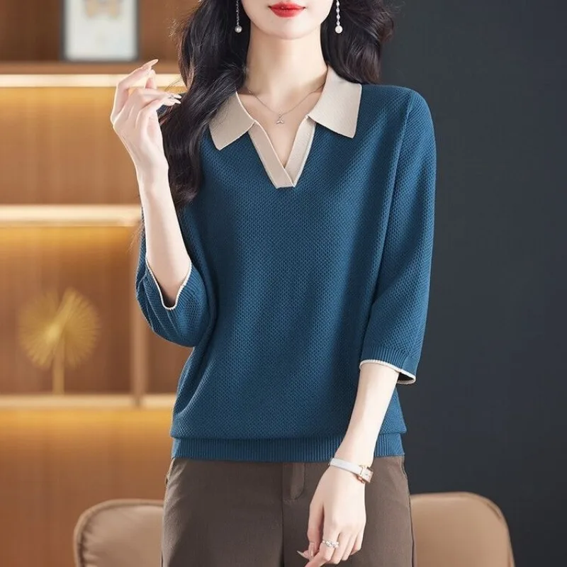 Women's New Patchwork Fashion Solid Color Loose Bottoming Lapel Three-quarter Sleeve Sweater Top