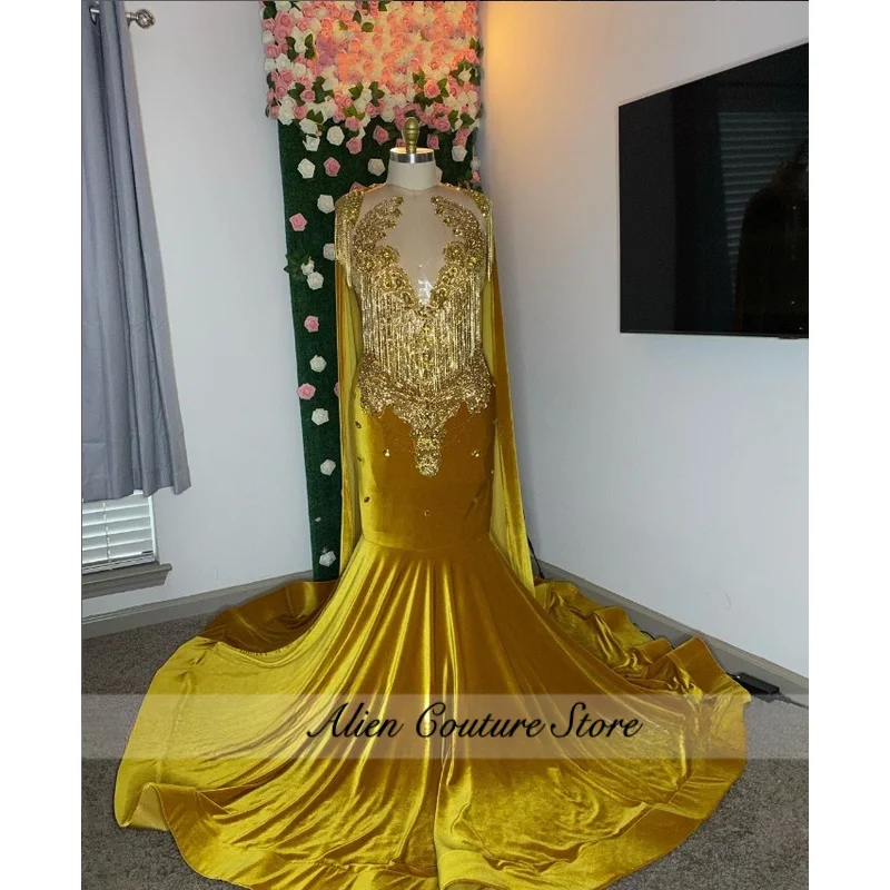 

Luxury Gold Diamond Mermaid Prom Dress Custom For Women Elegant Crystal Beaded Velvet Strap Shawl Formal Occasion Dresses