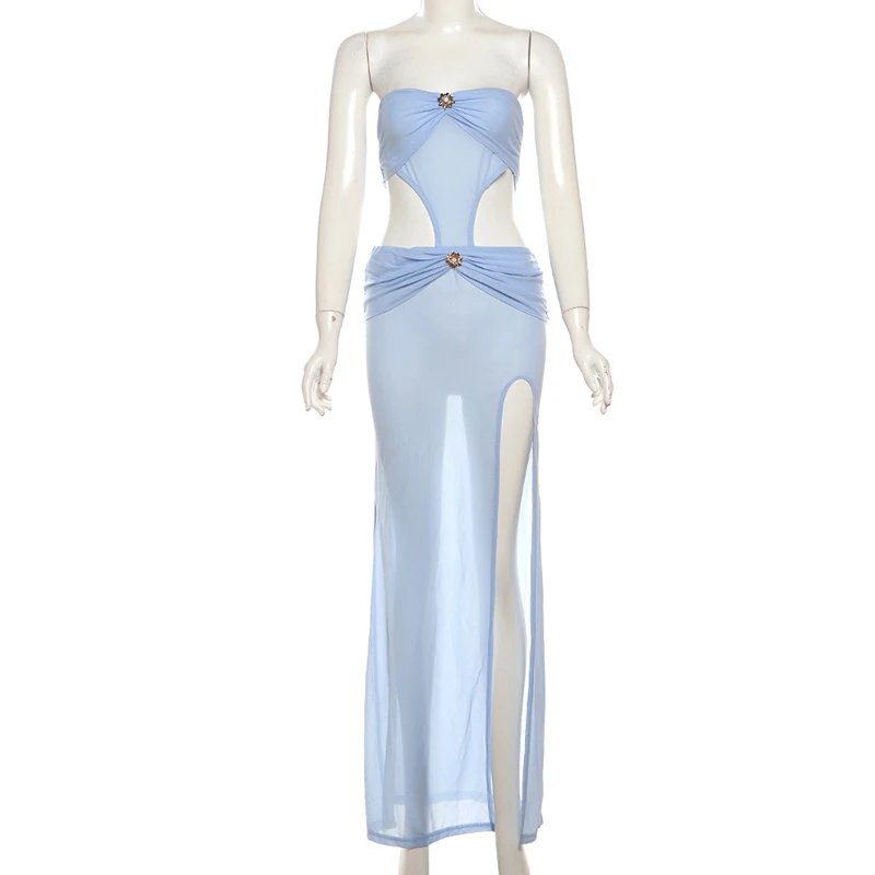 Robe maxi en maille transparente pour femmes, sans bretelles, découpée, dos nu, fendue, robe d'été sexy, couverture de plage, été, 2024