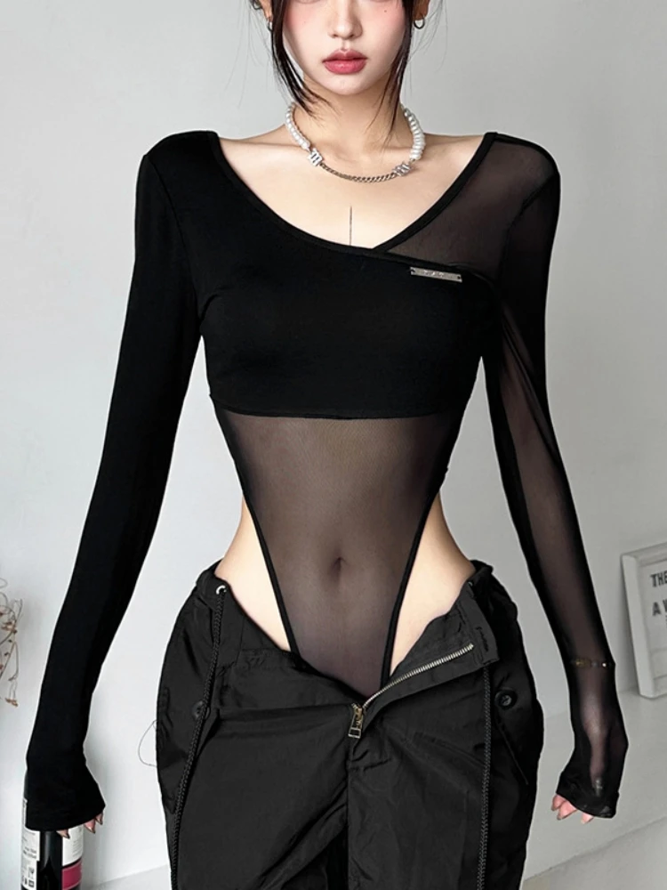 Lencería negra transparente Para Mujer, Top De corsé De una pieza De manga larga, body Sexy con cuello en V y espalda descubierta, otoño