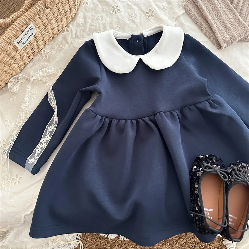 

Spring and Autumn New Children's Stylish Long Sleeve Dress for Girls, Academy Style Color-Block Turn-Down Collar Elegant Dress