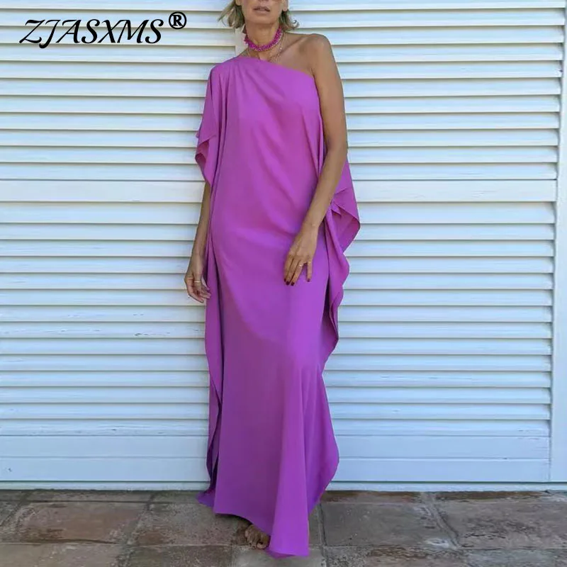 Woman Evening Dresses Elegant Inclined Shoulder Hollow Solid Asymmetric Dress Spring Summer Skew Collar Backless Slit Long Dress