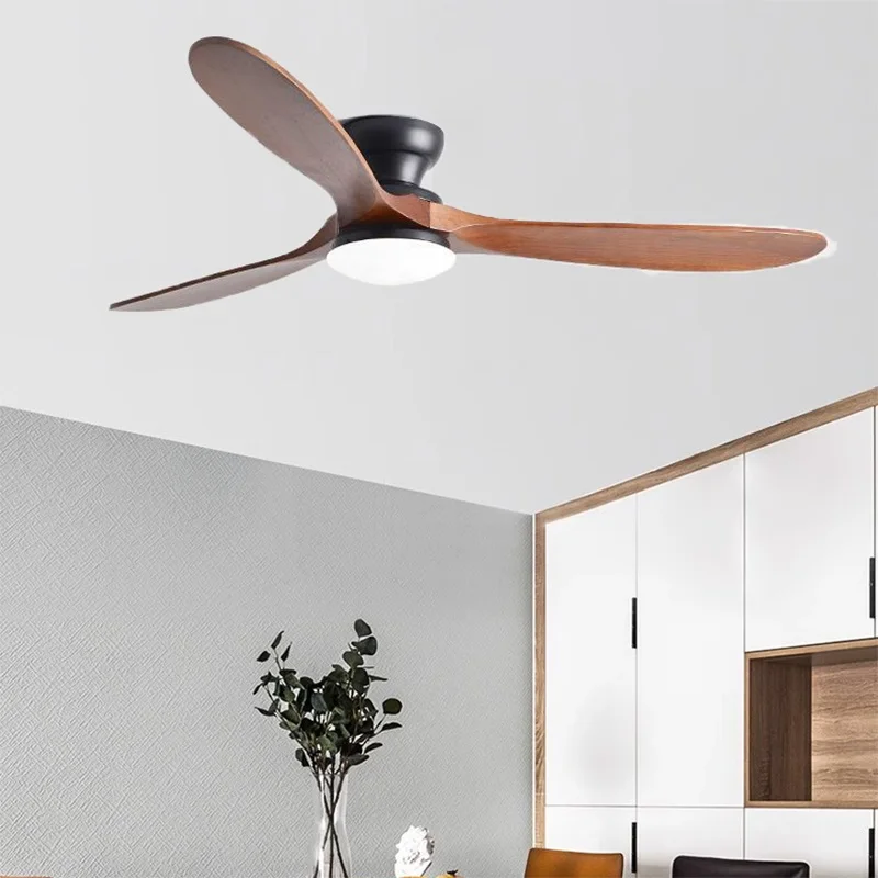 

52inch Low Floor Ceiling Fan Light Remote Control Led Llights Indoor Restaurant Solid wood fan leaves With Fan Chandelier