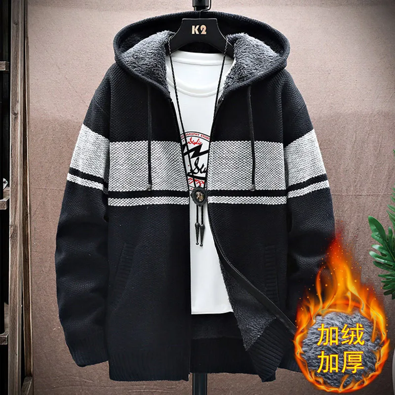 

Men's Sweater Autumn and Winter New Velvet Hooded Sweater Cardigan Jacket for Young and Middle-aged People
