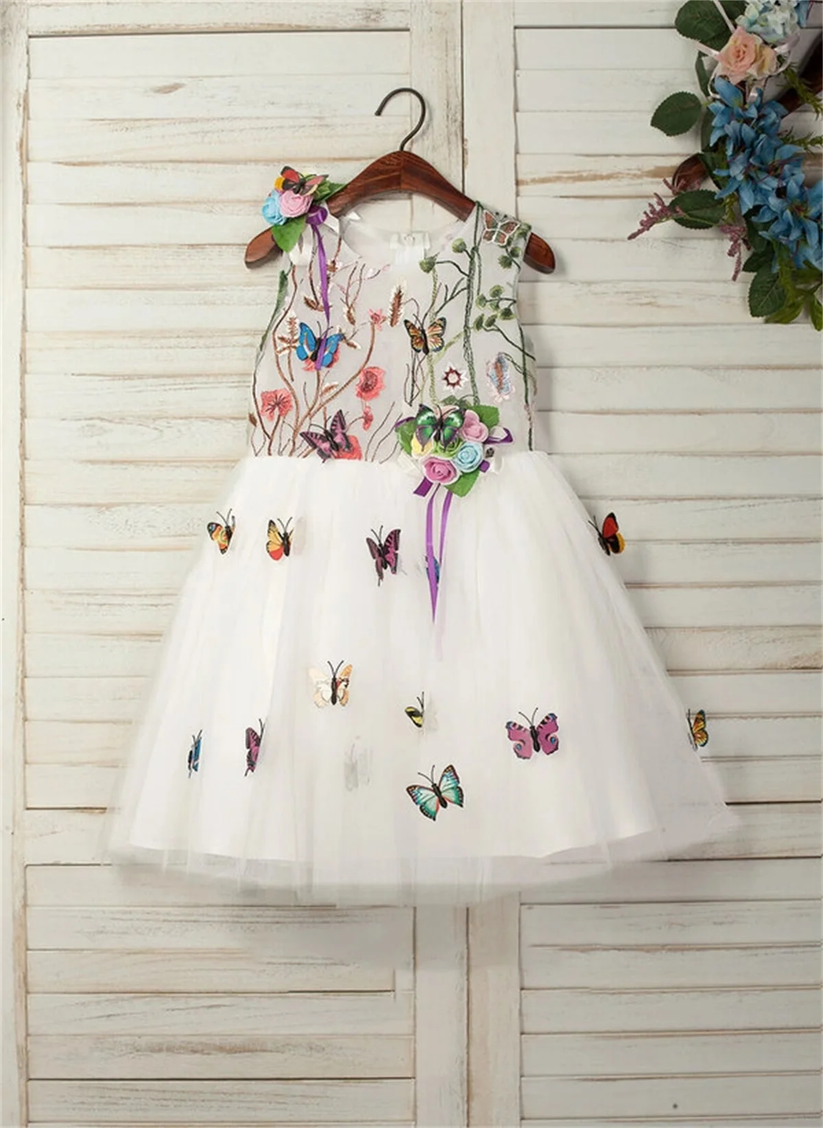 Wedding Flower Girl White Dress Round Neck Sleeveless Color Butterfly Flower Leaf Appliqué Tulle Custom Vestidos Para Niñas