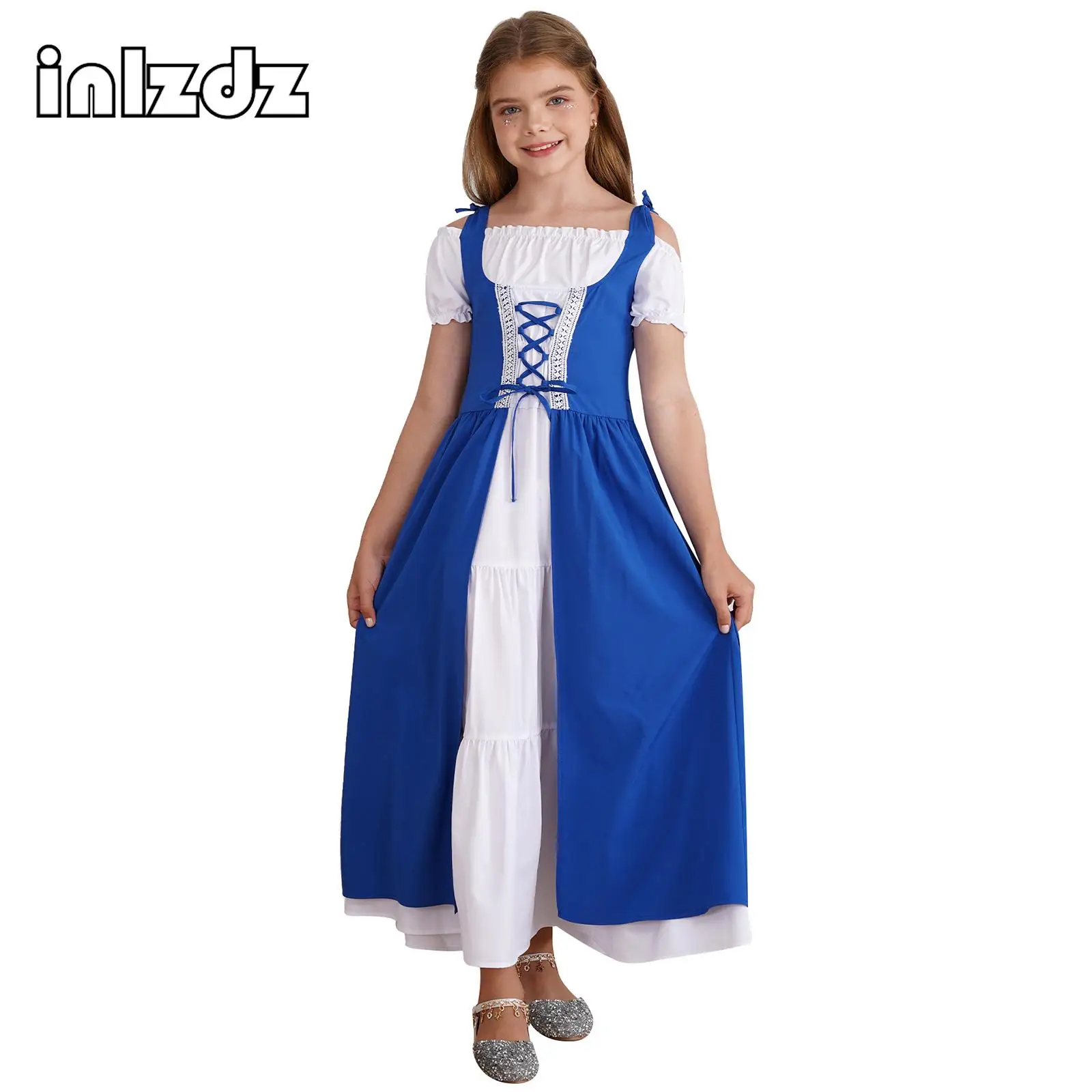 

Girls Historical Dress Medieval Renaissance Gown Princess Costume Short Sleeve Robe Victorian Maxi Dress Halloween Cosplay