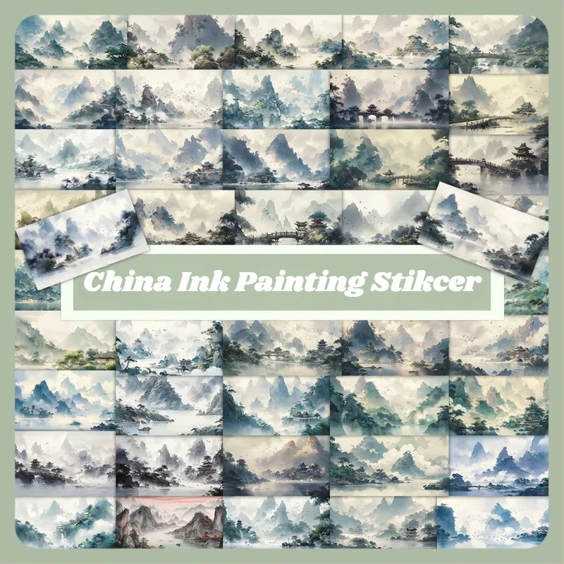 

60Pcs Chinese Retro Style Landscape Ink Painting Stickers - Water Cup Mobile Phone Case Luggage DIY Decoration Scrapbook Decals