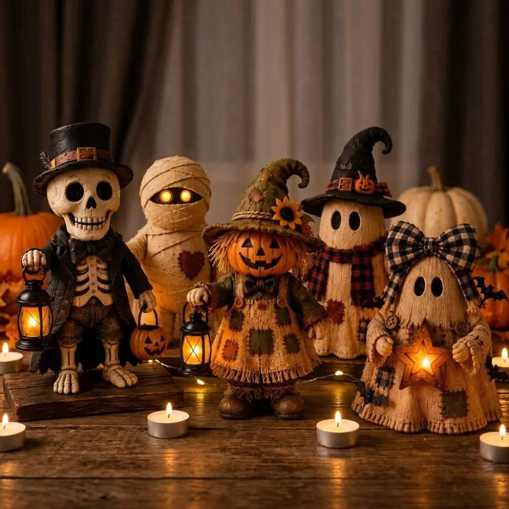 2D Flat Halloween Wooden Lantern Ghost Figurine Double-Sided Print Vintage Mummy Pumpkin Scarecrow Statue Fade-Resistant