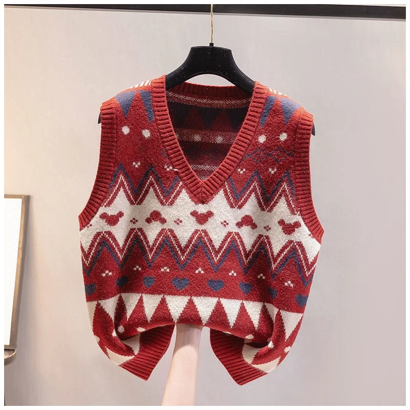 

Loose Knitted Vest Top Women's Faion Outerwear Autumn Season V-Ne Design Regular Length No-Cuff Button Plaid Pattern