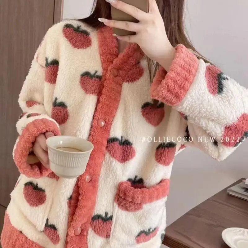 

Женский пижамный комплект из кораллового флиса, зимняя теплая удобная одежда для сна, уютная фланелевая домашняя одежда, домашний костюм для женщин