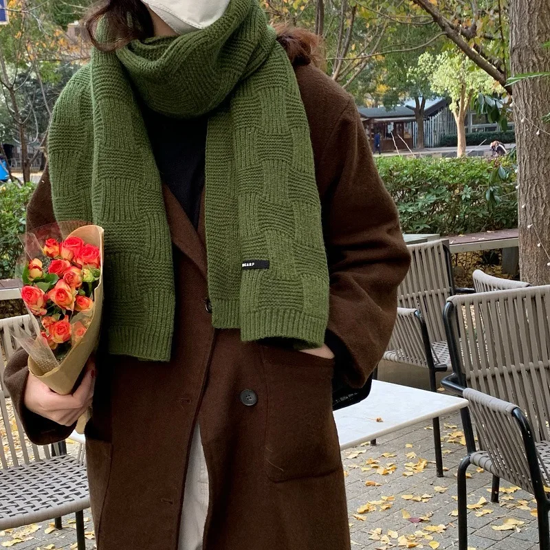 Retro Green Knitted Scarf Winter Warm Wool Scarves for Female Male Korean Version Shawl Wrap Bandana Pashmina