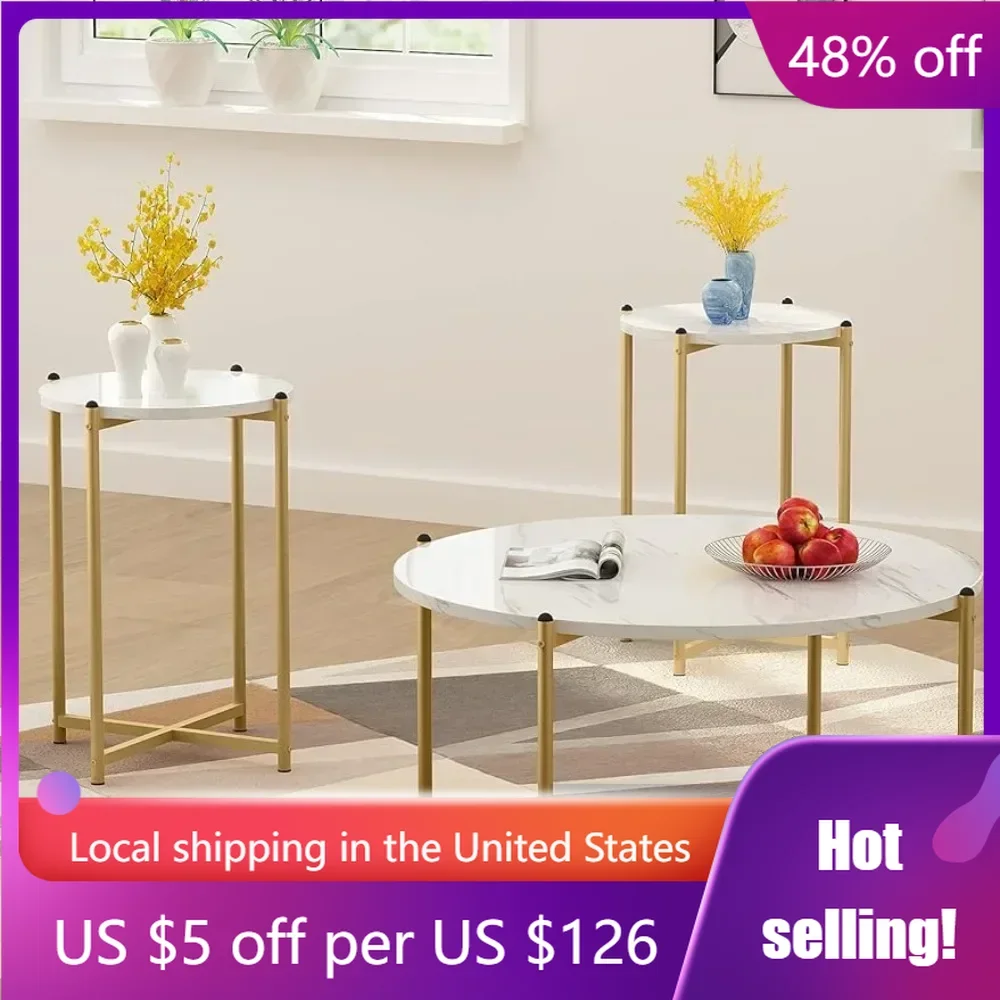 

Modern Round Coffee Table & 2pcs End Table Faux Marble Tabletop With Gold Cross Base Frame Small Space (Gold) Furniture Tables