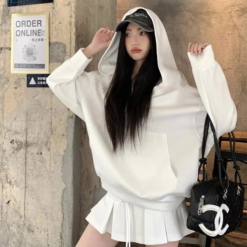 Casual Mit Kapuze Pullover Top Frauen Y2K V-ausschnitt Hoodies Solide Harajuku Langarm Hoodie Übergroßen Tops Weibliche Lose Kleidung – Detail 13