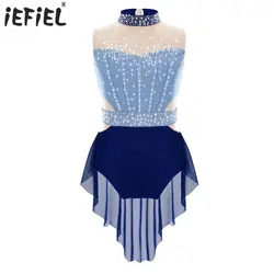 Kids Girls Ballet Gymnastics Dress Rhinestones Mesh Skirted Leotard Figure Ice Skating Jersey Lyrical Dance Performance Costume