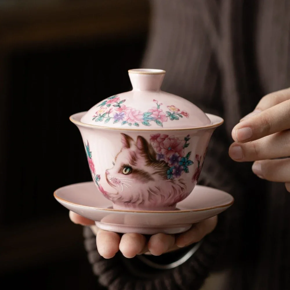 Pink Ru Flower Cat Ceramic Cover Bowl Antique Household Open Film Raising TeaSet Kung Fu Tea Bowl Gifts Craft Ornaments Tea Item