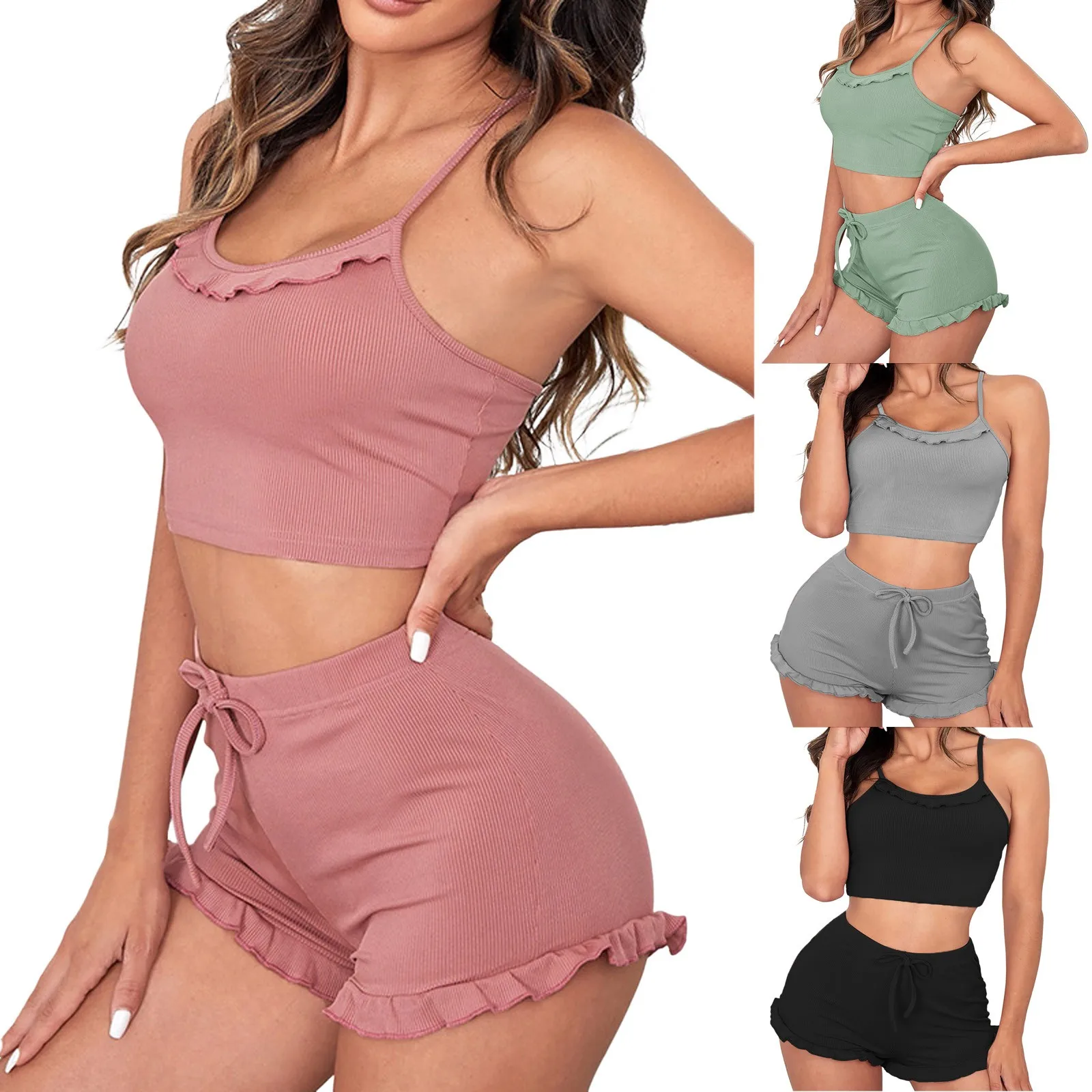 New Pink Pajamas For Women Sexy Lace Sling V-Neck Design Patchwork Top & Shorts Sleepwear Girls Fashion Casual Home Clothes 2pcs