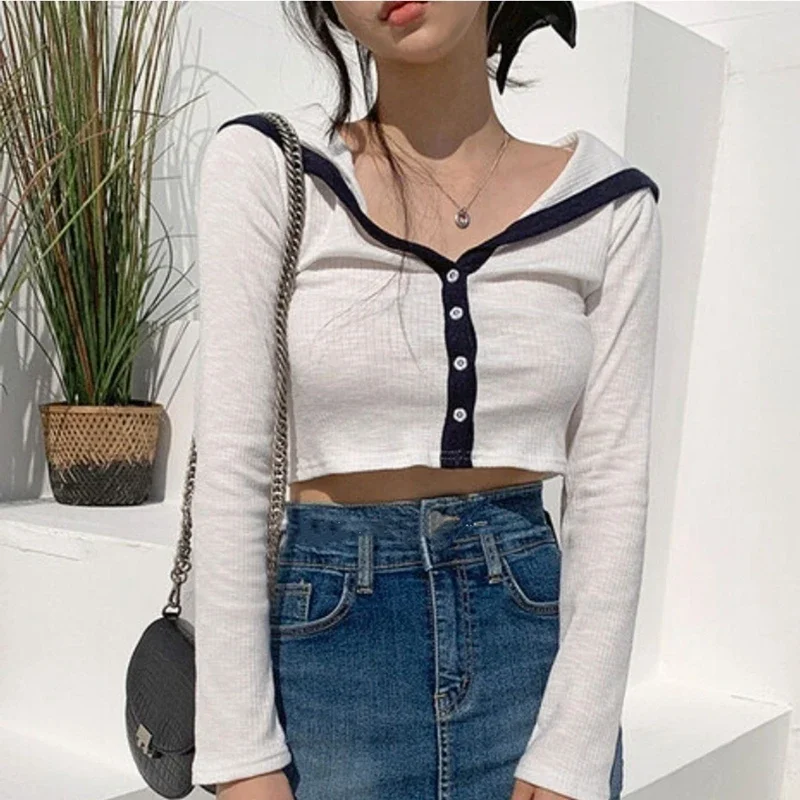 Korejepo Spring Autumn Navy Collar New Single Breasted Short Threaded Top Women Lazy Style Contrasting Color Long Sleeve T-shirt