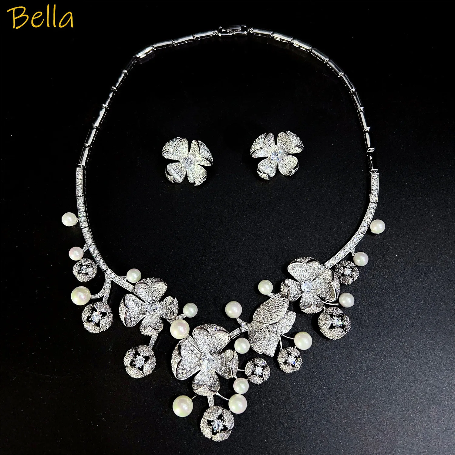 

large flower necklace earrings jewelry sets silver gold color full zircon wedding bride Dubai jewelry sets anniversary gift