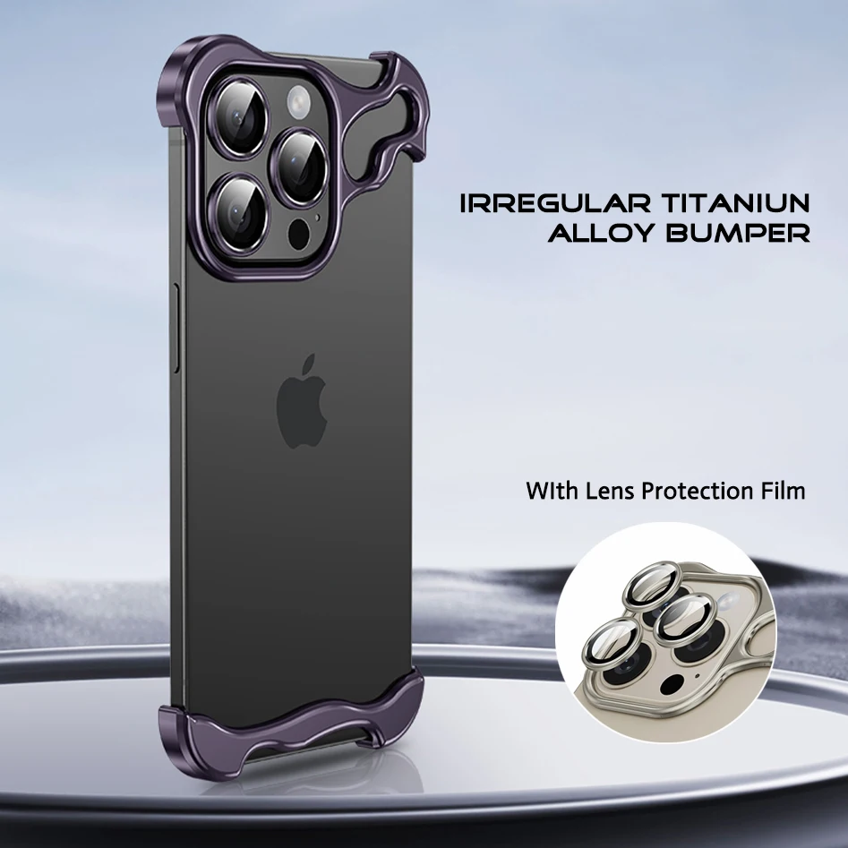 Irregular Titaniun Alloy Bumper Case For iPhone 15 12 13 14 Pro Max Plus With Lens Protection Film Metal Alien Bare Phone Cover