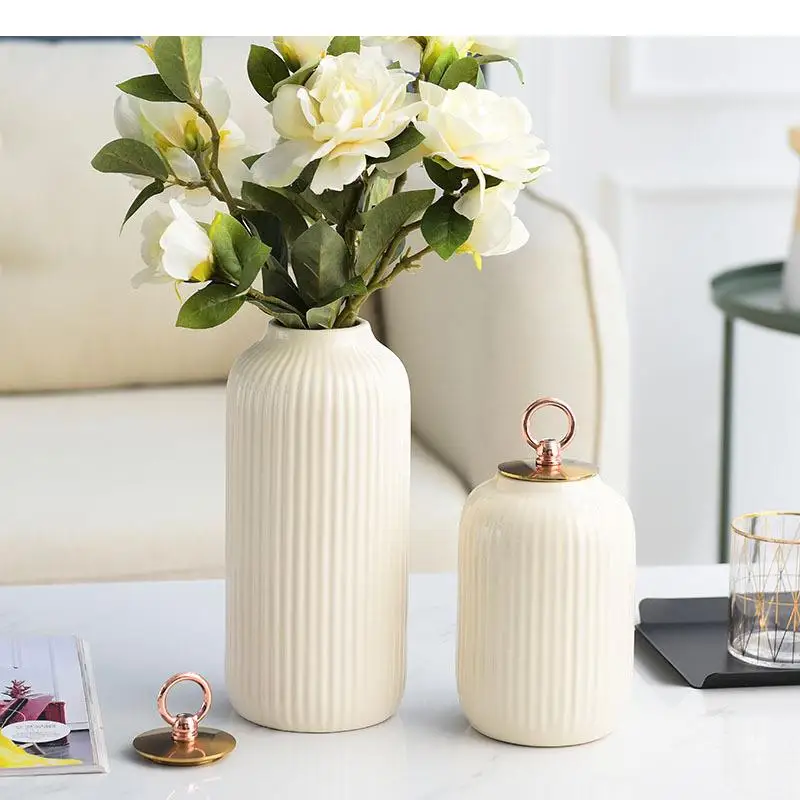 European Vertical Lines Ceramic Vase Simplicity Flower Pot Decorative Arrangement Solid Color Vases Nordic Home Decor