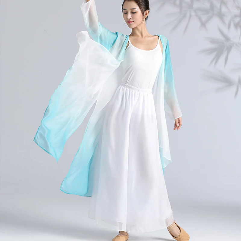 Chinese Folk Dance Long Tops Fairy Elegant Gradient Chiffon Cardigan Hanfu Women Classical Dance Practice Performance Costume