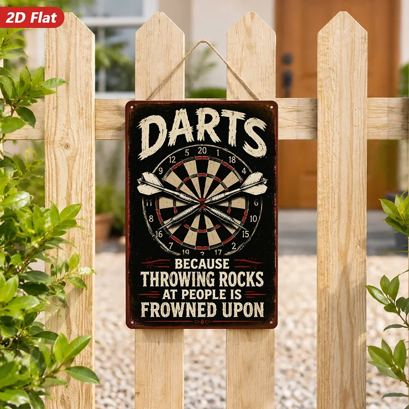 2D Flat, 1pc Metal Sign Wall Art, Darts - Themed Wall Art for Home Decor, with Dartboard Pattern And Humorous Text,