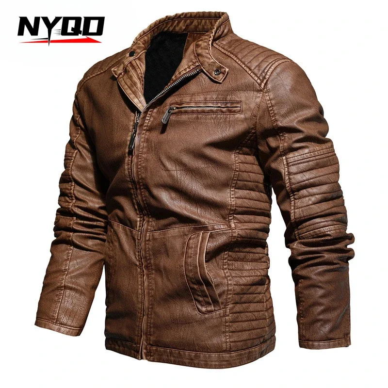 Winter Men's PU Leather Jacket Motorcycle Simulation Leather Stand Collar Slim Fit Motorcycle Jacket  מעיל אופנוע Veste De Moto