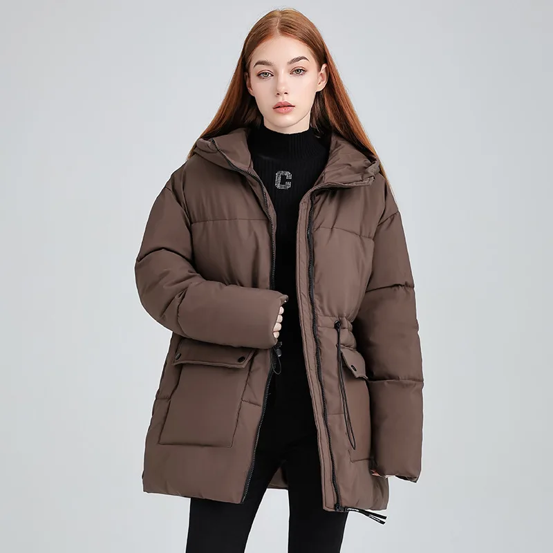 

Winter Women's Mid-Length Parkas Coat Adjustable Waist Hooded Down Cotton Jacket Windproof Warm Snow Wear Padded-Cotton Jackets