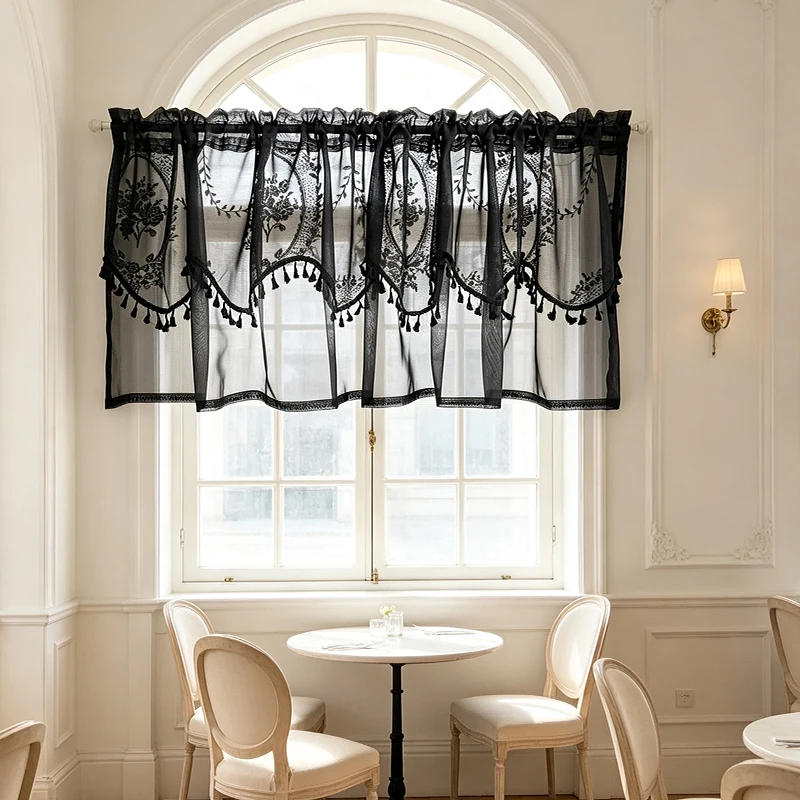 1pc Retro Mirror Floral Embroidered Black Terylene Half Curtain, Spliced Net Curtain with Fringe for Small Window
