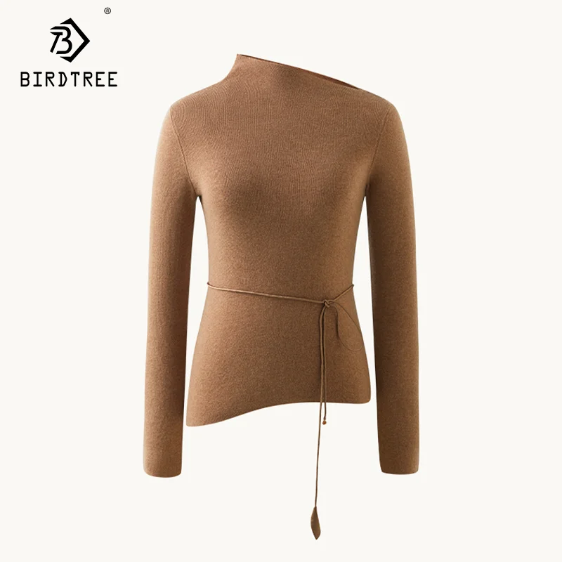 Birdtree, Sheep Wool Cashmere, Sweaters For Women, Skew Collar, Lace-up, Designed Slim Pullovers, 2024 Fall Winter Tops T49820QM