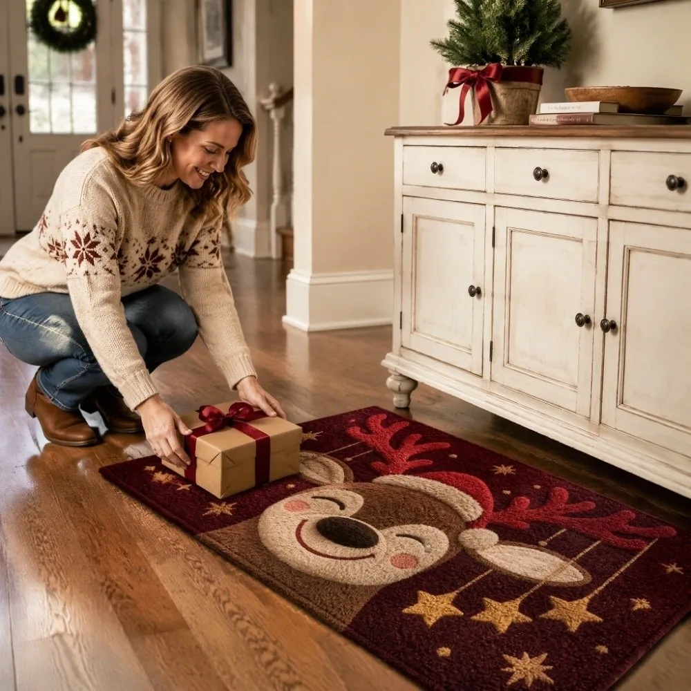 Snowy Tufted Christmas Doormat Embossed Non Slip Welcome Rug Green Easy Care Welcome Mat Home Decor