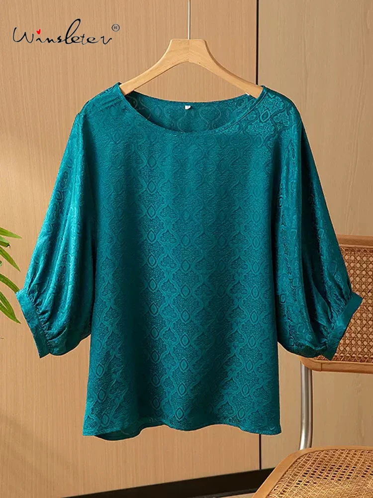 Winsleter, 100%Real Silk Elegant T-shirt, Woman Lantern Sleeve Jacquard, Loose Commute Sunscreen Tops, 2024 Summer Fall T47804QC