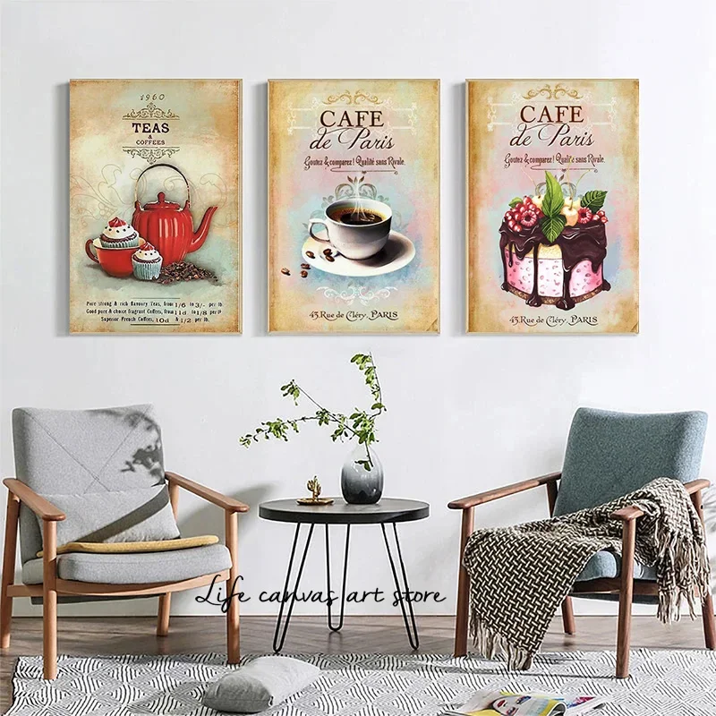 Vintage Time for Tea Cup Coffee Teapot & Cakes Art Poster Canvas Painting Wall Prints Picture for Baking Kitchen Room Home Decor