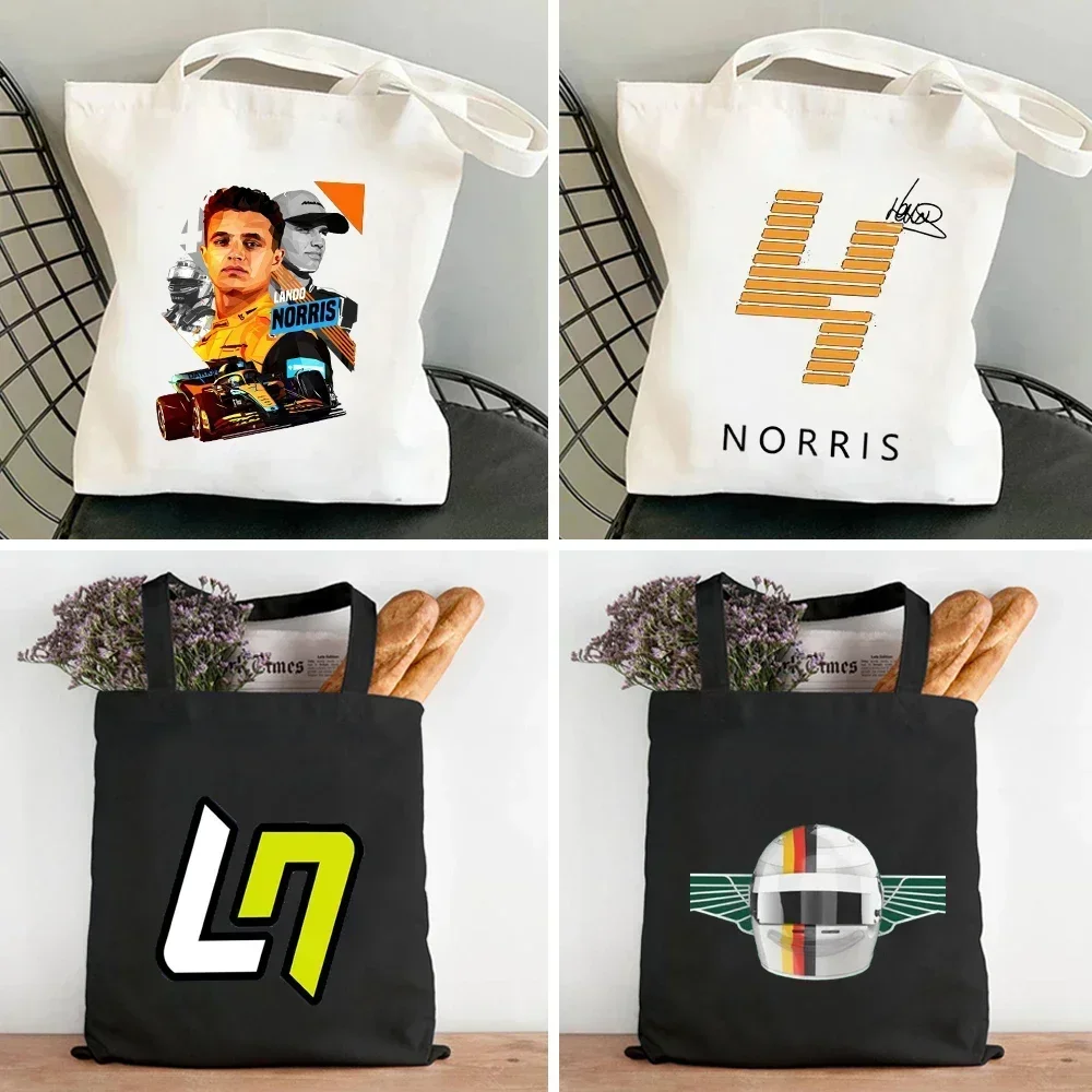 Bolso de mano de algodón de lona para hombre y mujer, bolsa de compras ecológica Harajuku, Cool F1, fórmula 1, Lando Norris, botas de coche de carreras