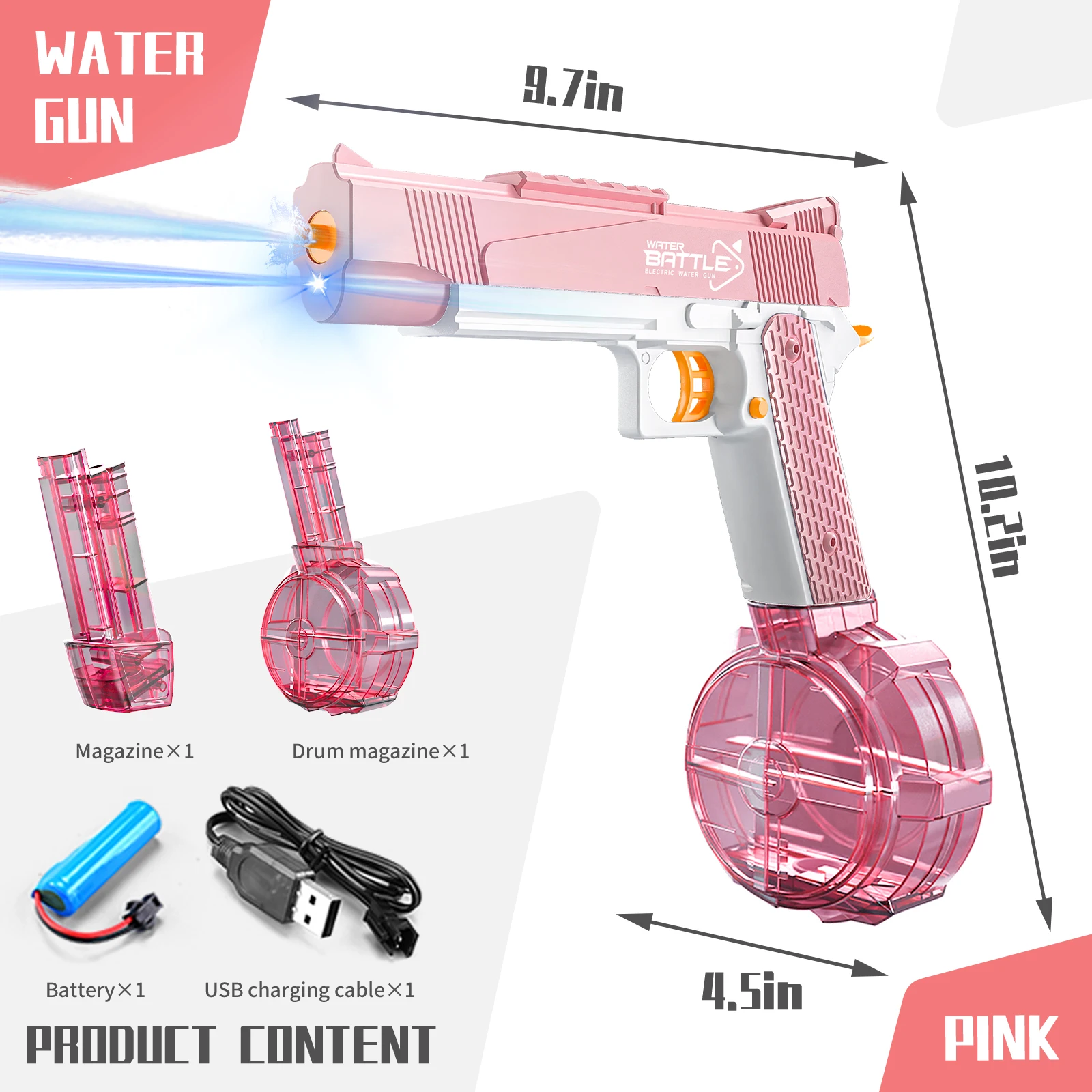 2024 Pink Blue New 1911 Water Gun Lighted Electric Drum Edition Summer Outdoor Battle Children Toys Beach Water Fight Toys