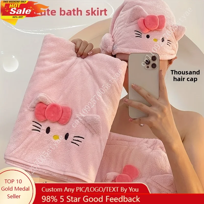 

3pcs Sanrio Hello Kitty Set Soft Coral Fleece Towel Quick-Drying Hair Cap Cute KT Cat Design Polyester Fabric